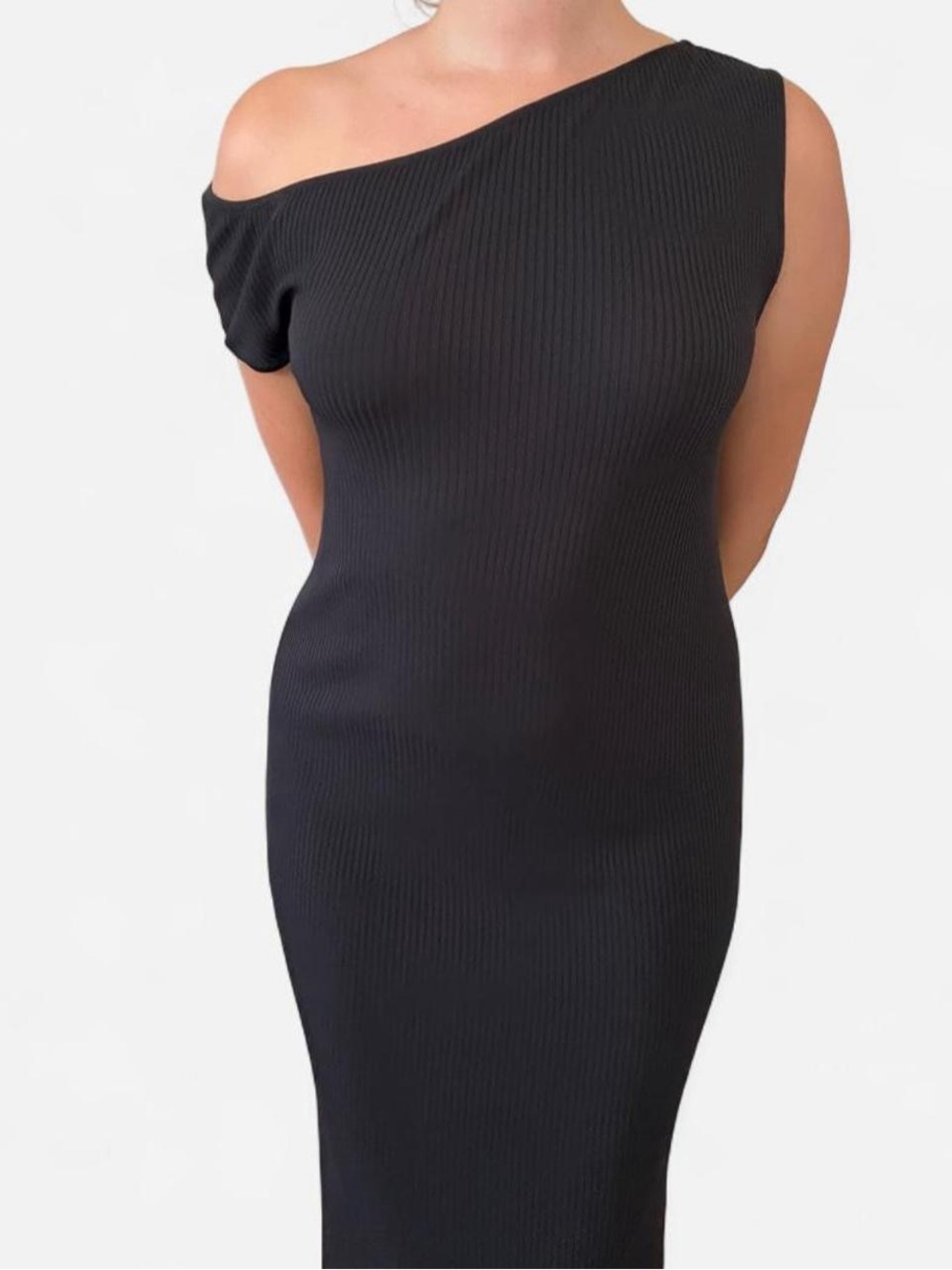Zara Black One Shoulder Ribbed Midi Dress